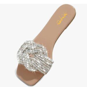XYD Nude Glitter Shiny Rhinestone Straps Sparkle Fancy Open Toe Slide Sandals